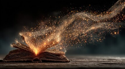 Magical ancient book releasing glowing particles and light on a wooden table in dark environment