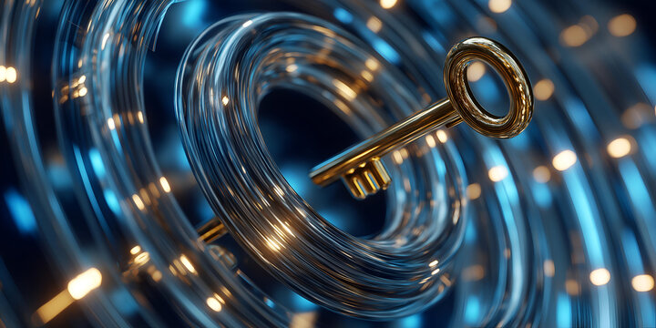 A golden key amidst swirling blue waves, symbolizing unlocking potential and innovation in a futuristic digital world.