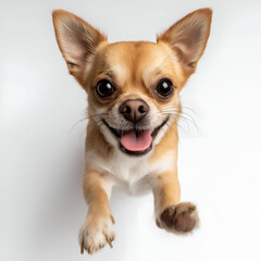Obraz premium A joyful Chihuahua puppy leaps playfully, showcasing its adorable features and cheerful spirit in a photo that captures pure happiness.