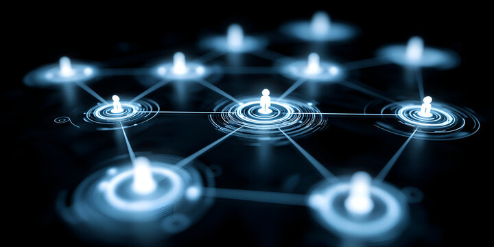 A high-tech digital network with glowing nodes connected by lines, symbolizing communication and data exchange.