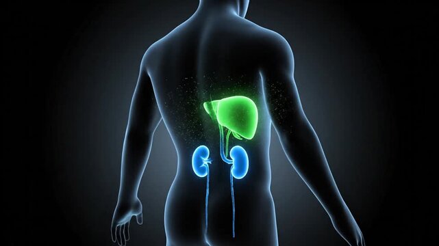 3D Animated Model of Human Body with Highlighting Kidneys and Liver in Green and Blue Gradient Glowing On Dark