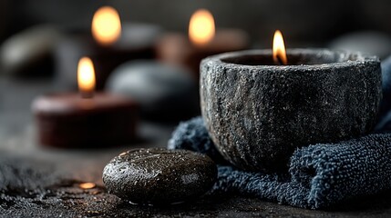 Serene spa ambiance with lit candles and smooth stones for relaxation