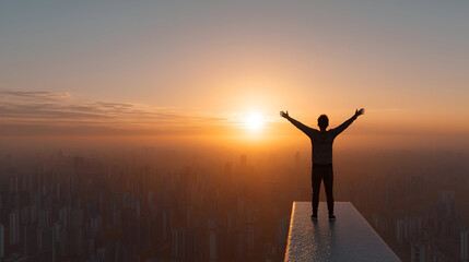 Fototapeta premium A person stands atop a building at sunset, arms raised, embracing the moment of triumph and freedom against a stunning skyline.