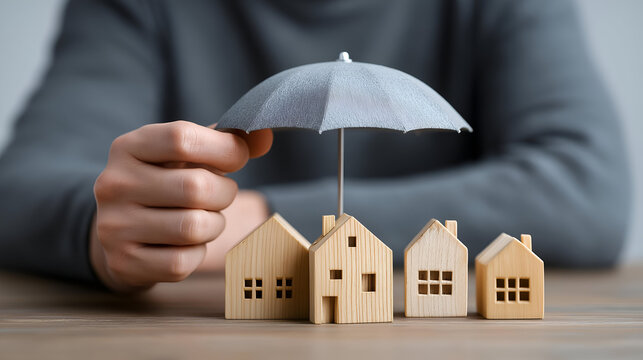 A person protects wooden houses with an umbrella, symbolizing home insurance and safeguarding investments.