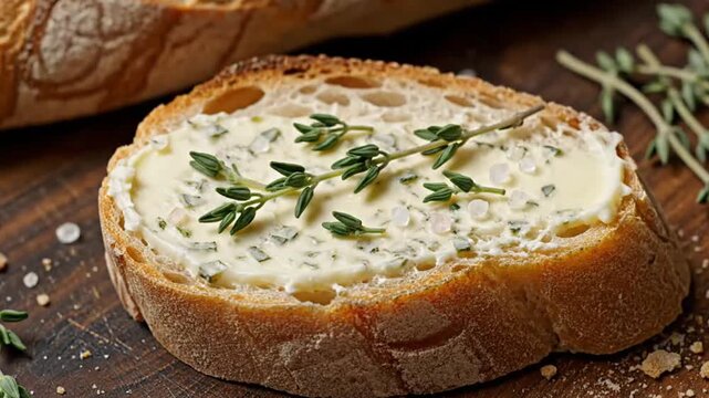 A close-up shot beautifully captures a hand delicately placing fresh thyme sprigs onto a thick, golden-crusted slice of rustic artisan bread. The bread is generously coated with a creamy, herbaceous s