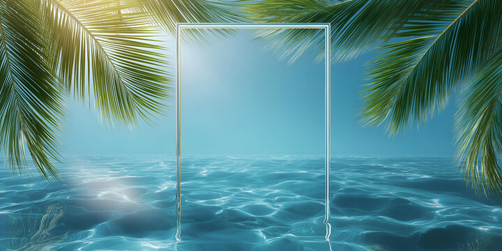 A serene tropical scene with sunlight reflecting off clear waters, framed by lush palm leaves, inviting escape and relaxation.