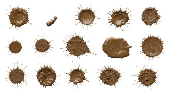 set drops of mud sprayed isolated on white background, collection stain with clipping path