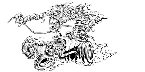 Surreal mummy monster driving a fast hot rod car, black and white ink illustration © edy