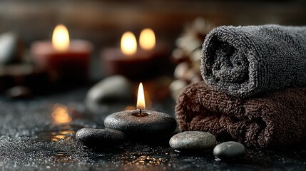 Serene Spa Relaxation with Candles, Hot Stones, and Rolled Towels Offering Tranquility and Calm