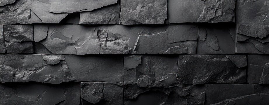 dark stacked slate stone wall of rough layered slabs with dramatic moody texture and rugged architectural pattern