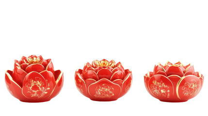Red lotus candle holders set, chinese new year decor, isolated on transparent background