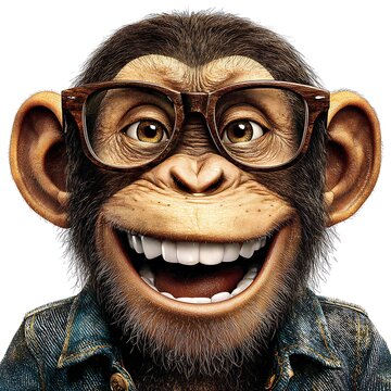 A monkey wearing glasses on white background smart and humorous mood modern clean style studio softbox lighting half body composition frontal camera angle high clarity marketing visual, Realistic