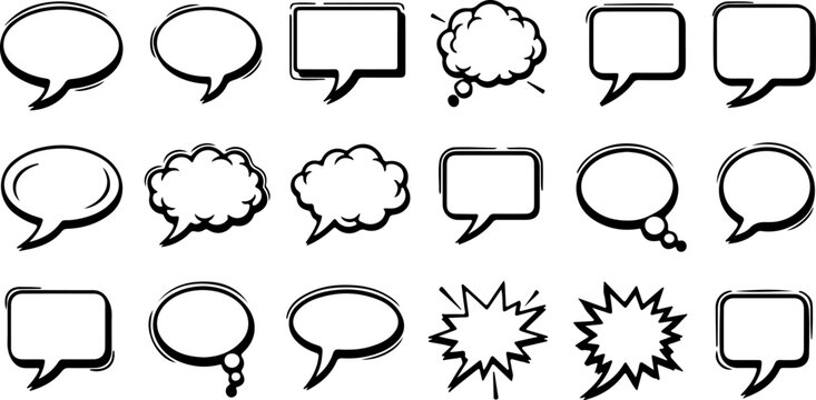 Comic speech bubbles set, 18 black and white vector chat icons, hand drawn pop art thought clouds and talk balloons for social media and manga