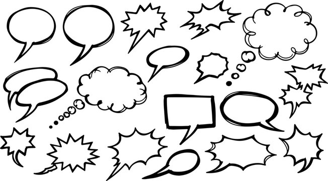 Comic speech bubbles, empty dialogue icons, cartoon chat boxes, black and white