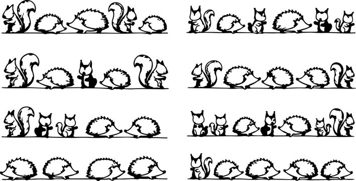 Black cat border designs, feline vector patterns, cute animal stripes, decorative kitty illustrations