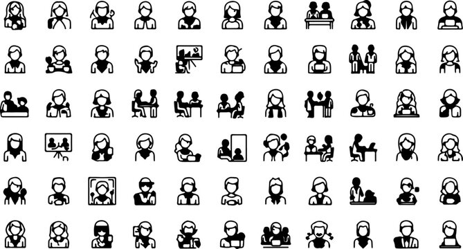 Black people icons, diverse faces, avatars, silhouette profiles, 40 black and white vector graphics