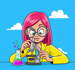 Enthusiastic female researcher with distinctive pink hair focused on microscopic exploration, symbolizing scientific inquiry and the excitement of discovery
