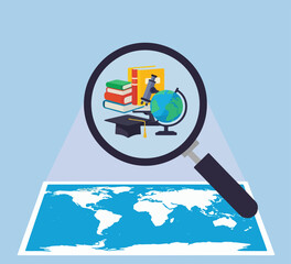 Conceptualizing International Education Magnifying Glass Revealing Academic Tools on a World Map Background for Global Learning and Discovery