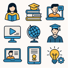 Online education and learning icons representing graduation, books, laptops, and a bright idea bulb symbolizing knowledge and study for digital classrooms
