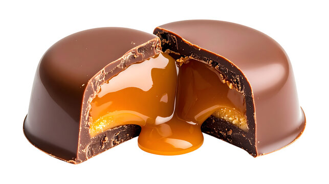 Milk chocolate bonbon cut in half with flowing caramel filling, sweet confectionery treat Valentine's Day elements, isolated on transparent background
