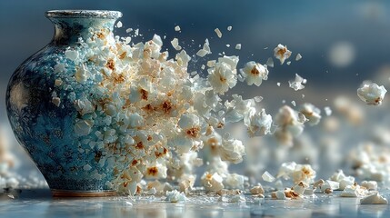 Abstract explosion of popcorn emerging from a ceramic vase in a surreal artistic display