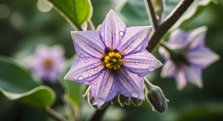 Purple Flower Blooming with Water Droplets on Green Leaves in Natural Light