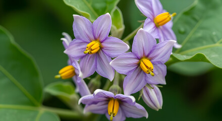 Purple Flower Cluster with Yellow Stamen on Green Leafy Background