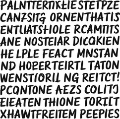 Bold black brush stroke lettering forming abstract patterns and shapes on a white background