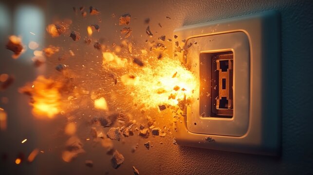 fiery explosion from a wall electrical outlet scattering plaster fragments and sparks, a dangerous urgent scene