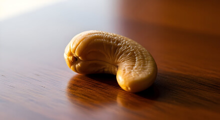 Single Cashew Nut on Wooden Surface in Warm Lighting