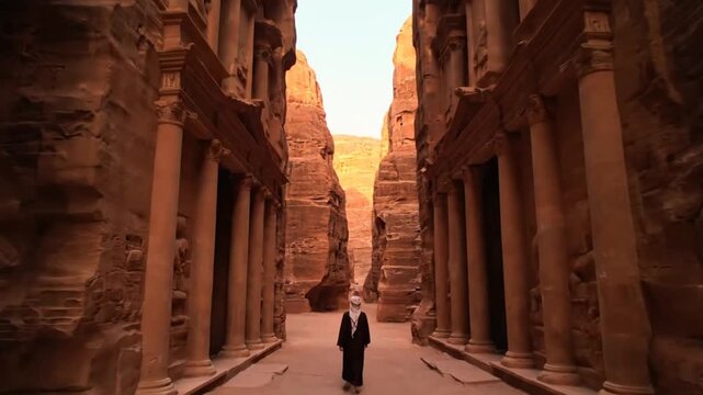 A man in traditional attire walks between ancient rock-cut structures in petra jordan, cinematic drone footage