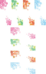 桜の花、夏のもみじ、秋の紅葉、雪の結晶。日本の四季の変遷の縦型と横型バリエーションのイラスト