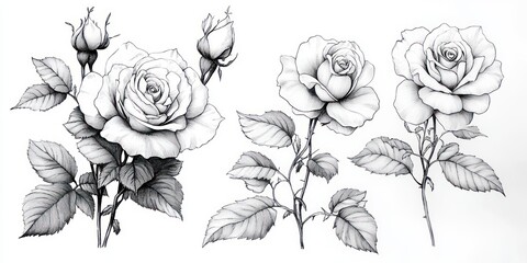 Three detailed monochrome rose illustrations with buds, leaves and stems conveying delicate, elegant and serene botanical beauty