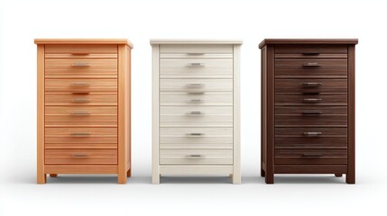 Fototapeta premium Three modern wooden dressers in varying shades: light, white, and dark, showcased on a white isolated background.