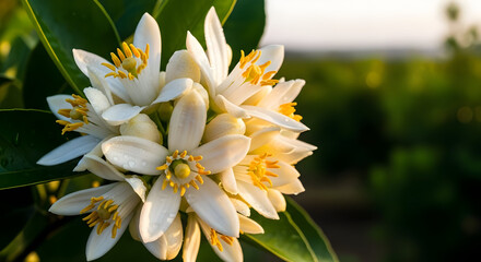 White Citrus Flower Cluster Blooming in Natural Garden Scene