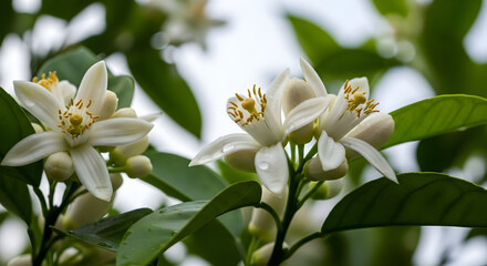 White Citrus Flowers Blooming on Green Branches in Natural Light