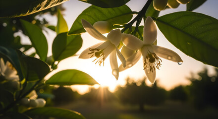 White Citrus Flowers Blooming on Green Branch at Sunset