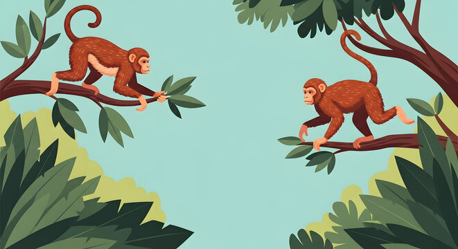 Playful monkeys jumping between emerald foliage and thick jungle limbs in a vibrant hand-drawn flat vector illustration showcasing wild primates in a lush tropical rainforest environment.