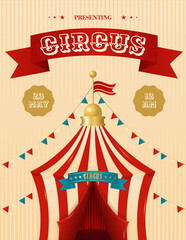 Obraz premium Colorful vintage circus invitation poster. Striped circus tent in flat style. Retro vector illustration. Design for advertising banner, poster, flyer, social media and more