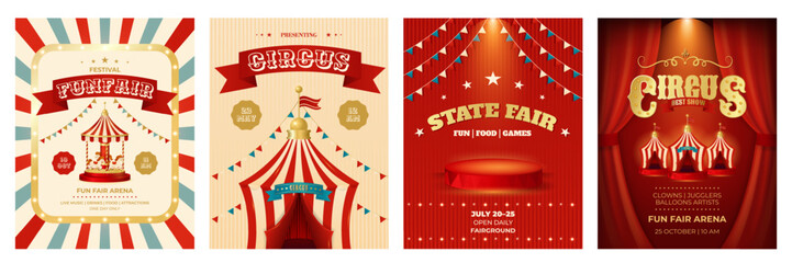 Colorful vintage poster set. Circus, state fair, fun fair. Design for events, festival, carnival, party, performance and more. Retro vector illustration © Dukhanina Ekaterina