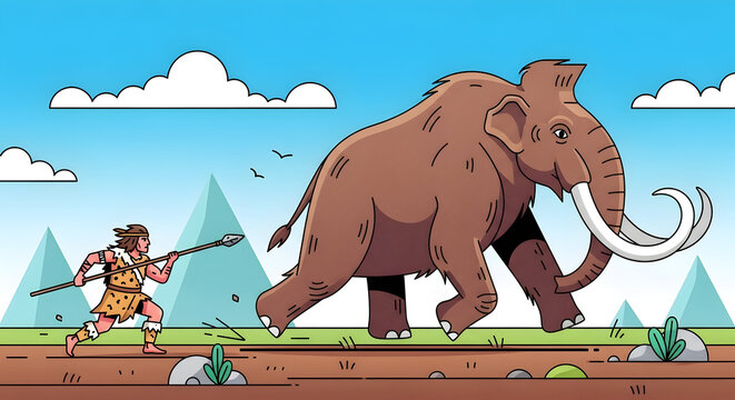 Prehistoric caveman hunter pursues woolly mammoth with spear in hand drawn flat vector illustration featuring vibrant colors of the ice age wilderness landscape and ancient tribal primitive life.