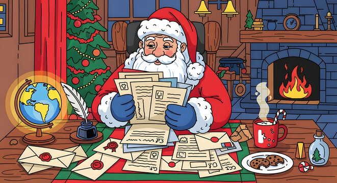 Festive Santa Claus reading Christmas wish list letter at rustic wooden desk hand drawn flat vector illustration holiday seasonal celebration father winter character mail envelope paper ink office