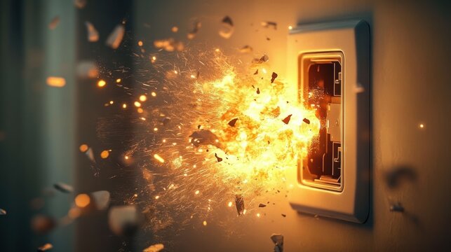 Fiery electrical outlet explosion with bright sparks, flying debris and intense heat conveying shock and danger