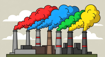 Fototapeta premium Industrial smokestacks emitting vibrant multi-colored gas plumes in a stylized hand-drawn flat vector illustration, depicting environmental pollution and toxic atmospheric emissions from a factory.