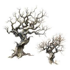 Two gnarled, leafless trees with twisted branches and textured bark.