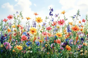 Obraz premium vibrant wildflower meadow bursting with colorful blossoms, green stems and blue sky with fluffy clouds, cheerful and uplifting scene