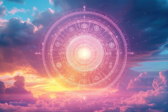 ethereal glowing circular sigil with geometric symbols hovering over vibrant pink and orange sunset clouds, radiant center casting serene mystical light and wonder