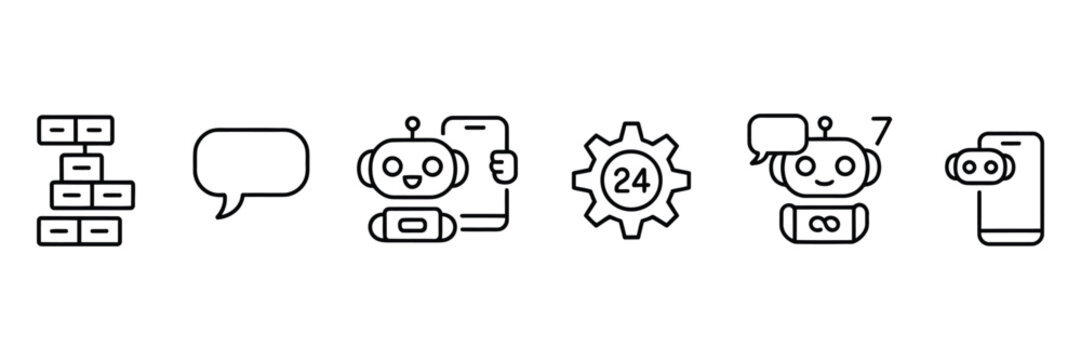 doodle style chat bot icons set vector illustrations of robot assistants AI chat interface help desk virtual agent customer care support tools and branding elements for websites apps.