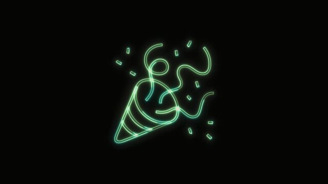 Party Popper Icon Neon Seamless Loop 4K with Black Background Animated Promotional Typography for Video Editing