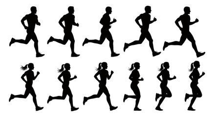 Fototapeta premium Row of silhouettes of runners in motion during a dynamic training sequence.